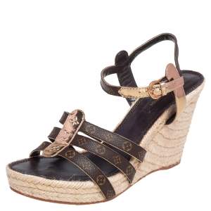 Pre Owned صندل إسبادريل فلات لوي فيتون باهاماس كانفاس وجلد ذهبي ميتاليك كعب روكي مقاس 39