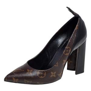 Pre Owned حذاء كعب عالي لوي فيتون مات شيك جلد وكانفاس مونوغرامي بني/أسود كعب مربع سميك مقاس 37