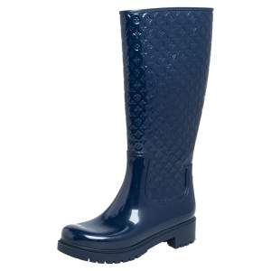 Pre Owned Louis Vuitton Dark Blue Monogram Rubber Rain Boots Size 37