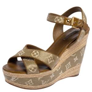 Pre Owned صندل لوي فيتون كانفاس أخضر بسيور متعاكسة حزام للكاحل مقاس 40