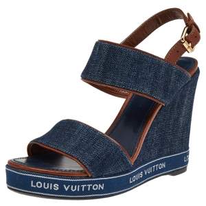 Louis Vuitton Blue/Brown Denim And Leather Wedge Slingback Sandals Size 38.5