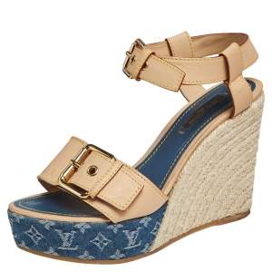 Pre Owned صندل لوي فيتون دنيم مونوغرامي وجلد بيج/أزرق كعب روكي إسبادريل مقاس 37