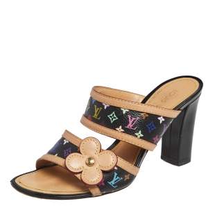 مملوكة مسبقًا Louis Vuitton Black Multicolor Monogram Canvas And Leather Trim Slide Mule Sandals Size 37.5