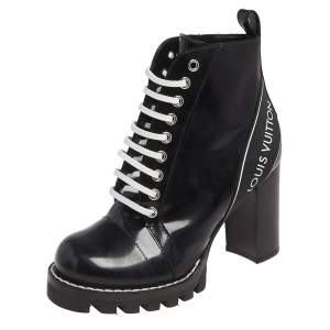 Pre Owned Louis Vuitton Black Patent Leather Star Trail Block Heel Boots Size 36.5