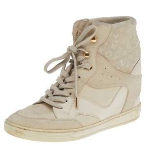 Louis Vuitton Beige Monogram Embossed Suede And Leather Cliff Wedge Sneakers Size 38.5