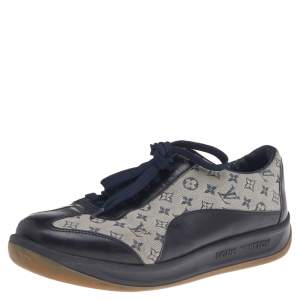 Louis Vuitton Navy Blue Leather And Monogram Canvas Low Top Sneakers Size 38.5
