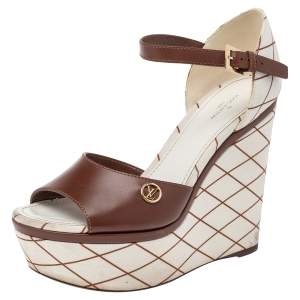 Louis Vuitton Brown-White Leather And Canvas Wedge Platform Ankle Strap Sandals Size 38