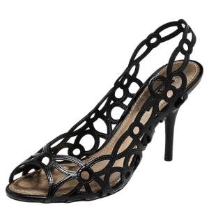 Louis Vuitton Black Patent Laser Cut Leather Peep Toe Slingback Sandals Size 37