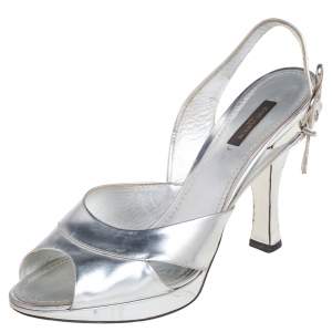 Louis Vuitton Silver Leather  Peep Toe Slingback Sandals Size 41