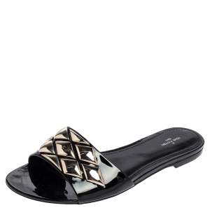 Pre Owned Louis Vuitton Black Patent Leather Studded Slide Flats Size 41