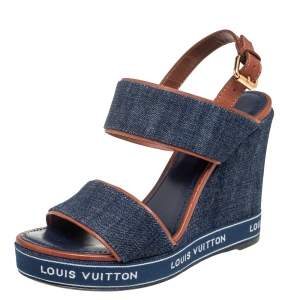مملوكة مسبقًا Louis Vuitton Blue/Brown Denim And Leather Wedge Slingback Sandals Size 36.5