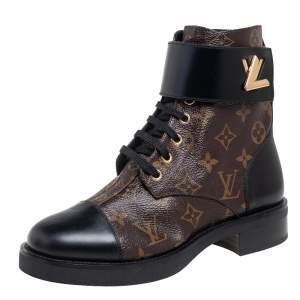 Pre Owned Louis Vuitton Black/Brown Monogram Canvas and Leather Wonderland Ranger Ankle Boots Size 37
