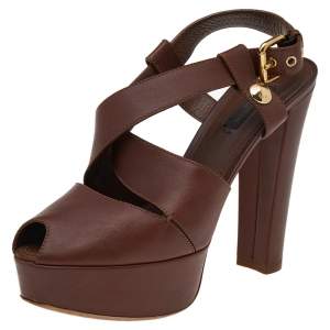 Louis Vuitton Dark Brown Leather Slingback Platform Sandals Size 38.5