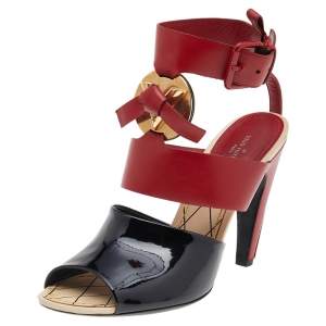 Pre Owned Louis Vuitton Black-Red Patent Leather And Leather Ankle Strap Essential Sandals Size 39