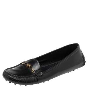 Pre Owned Louis Vuitton Black Patent Leather Logo Embellished Loafer Size 36