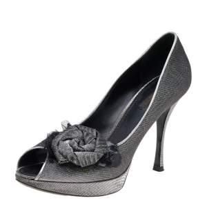 حذاء كعب عالي لوي فيتون قماش لوريكس أسود/فضي مقدمة مفتوحة مقاس 39.5
