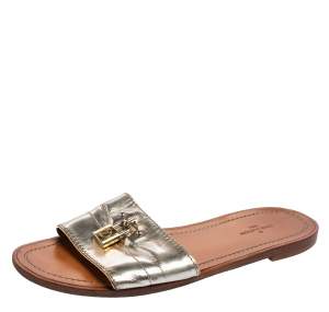 Louis Vuitton Silver Leather Lock It Slide Sandals Size 37.5