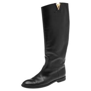 Pre Owned Louis Vuitton Black Leather Mid Calf Boots Size 36.5
