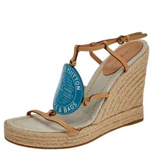 مملوكة مسبقًا Louis Vuitton Beige/Blue Vachetta Leather Divine Trunks And Bags Espadrille Wedge Sandals Size 39