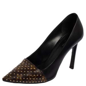 Pre Owned Louis Vuitton Black/Brown leather and Coated Canvas Monogram Studded Cap-Toe Pumps Size 36