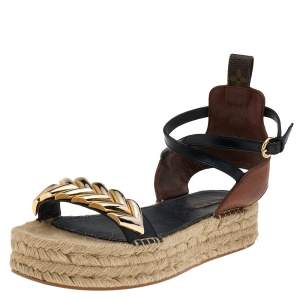 Pre Owned Louis Vuitton Brown/Black Leather Spring Hill Espadrille Ankle Strap Sandals Size 39.5