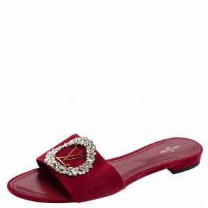 Louis Vuitton Burgundy Suede Crystal Madeleine Flat Slide Sandals Size 41