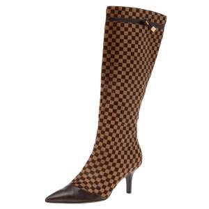 Pre Owned Louis Vuitton Brown Damier Calfhair Knee Length Boots Size 39