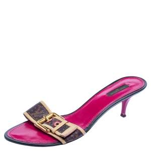 Pre Owned حذاء سلايد لوي فيتون جلد وكانفاس بني/وردي مونوغرامي مقاس 41