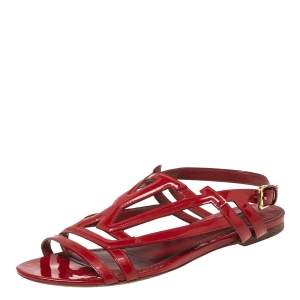 Louis Vuitton Red Patent Leather Crossing Logo Flat Sandals Size 36.5