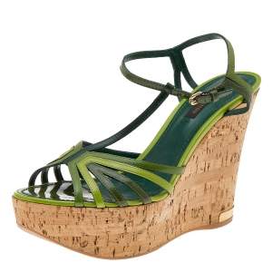 Louis Vuitton Green Patent Leather Summertime Wedge Sandals Size 37.5