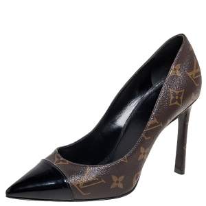 Pre Owned Louis Vuitton Brown Monogram Canvas and Black Patent Leather Cap Toe Fetish Pointed-Toe Pumps Size 37