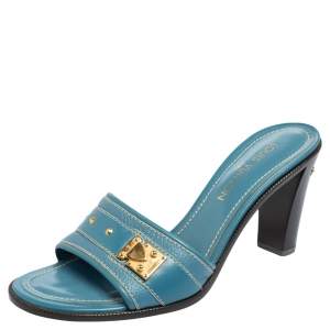 Louis Vuitton Blue Leather Embellished Buckle Strap Slide Sandals Size 41