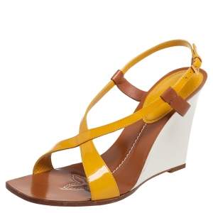 Louis Vuitton Yellow Patent Leather Wedge Cross Strap Slingback Sandals Size 40.5