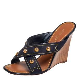 Pre Owned ص ندل لوي فيتون سيور متعاكسة كعب روكي مرصع كانفاس أسود مقاس 41