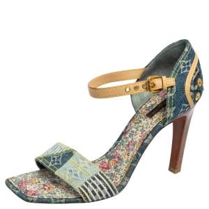 Pre Owned صندل لوي فيتون جلد ودينم أزرق برقع مزينة حزام للكاحل مقاس 41