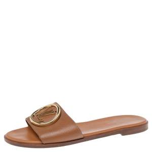 مملوكة مسبقًا Louis Vuitton Brown Leather Lock It Slide Sandals Size 37.5