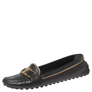 Pre Owned Louis Vuitton Black/Gold Leather Oxford Slip On Loafers Size 38