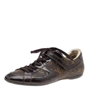 Pre Owned حذاء رياضي لوي فيتون منخفض من أعلى جلوبال تروتير جلد لامع وكانفاس مونوغرامي بني مقاس 40.5