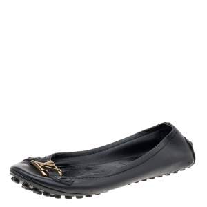 Pre Owned Louis Vuitton Black Leather Logo Oxford Ballet Flats Size 37