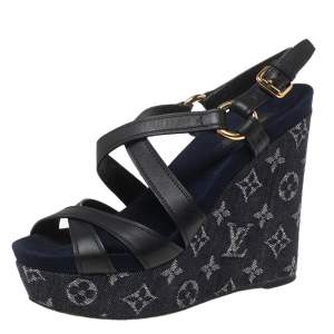 Pre Owned صندل لوي فيتون أوشن دينم مونوغرامي وجلد أزرق كحلي كعب أزرق كحلي مقاس 38