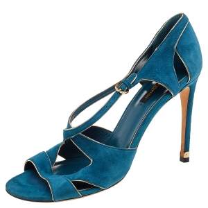 Pre Owned Louis Vuitton Teal Blue Suede Cutout Strappy Sandals Size 39.5