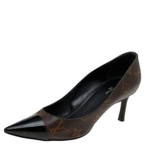Pre Owned Louis Vuitton Brown/Black Monogram Canvas and Patent Leather Cap Toe Fetish Pumps Size 36