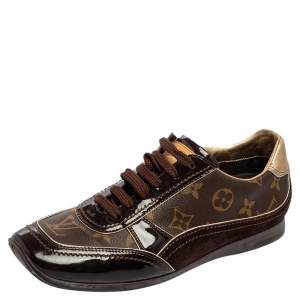 Louis Vuitton Brown Monogram Canvas and Patent Leather Globe Trotter Square-Toe Sneakers Size 38