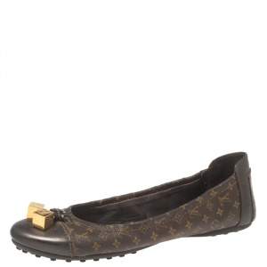 Pre Owned Louis Vuitton Brown Monogram Canvas and Leather Cap-Toe Dice Ballet Flats Size 39