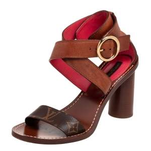 Pre Owned Louis Vuitton Brown Monogram Canvas and Leather Ocean Drive Ankle-Strap Sandals Size 37 