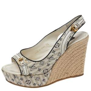 Pre Owned Louis Vuitton White/Navy Blue Monogram Canvas Espadrille Wedge Slingback Sandals Size 36