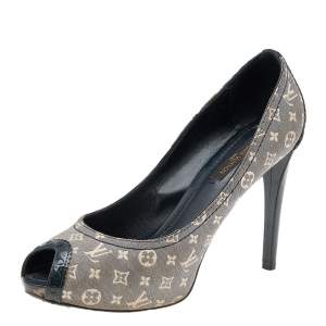 Pre Owned Louis Vuitton Blue Mini Lin Monogram Canvas and Patent Leather Peep Toe Pumps Size 37