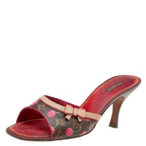 Pre Owned صندل سلايد لوي فيتون جلد وكانفاس مونوغرامي بيج/بني مزين فيونكة مقاس 40