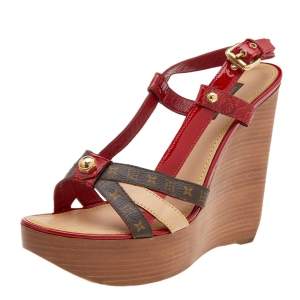 مملوكة مسبقًا Louis Vuitton Red/Brown Patent Leather And Monogram Canvas Wedge Platform Sandals Size 40