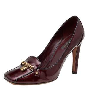 Pre Owned Louis Vuitton Burgundy/Black Patent Leather Chain Lock Pumps Size 39